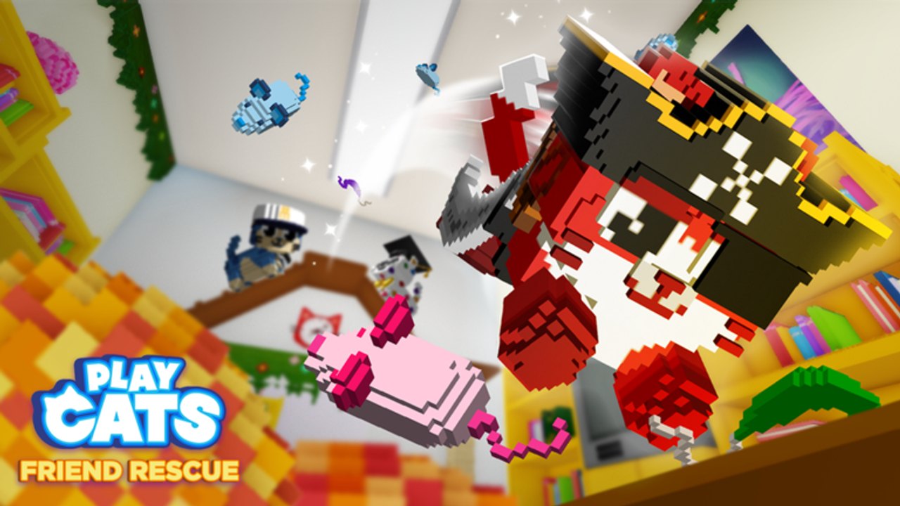 Play Cats Morphs Friend Rescue morphs leaping through a colorful Cat-School library